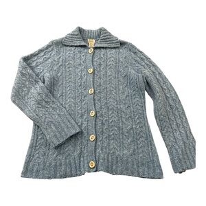 LL Bean Blue Cable Knit Button Front Cardigan Sweater Medium Classic Coastal